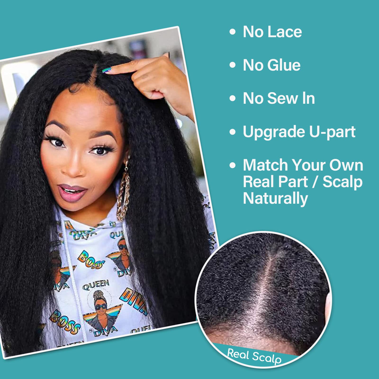 Kinky Straight Real V Part Wig Human Hair No Leave Out